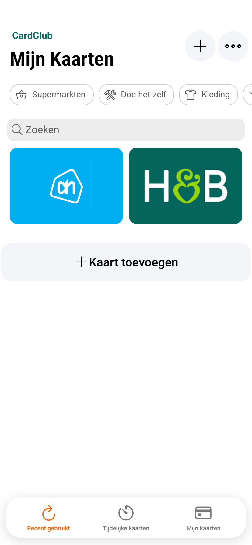 CardClub app — Mijn kaarten scherm met Albert Heijn en Holland & Barrett bonuskaarten