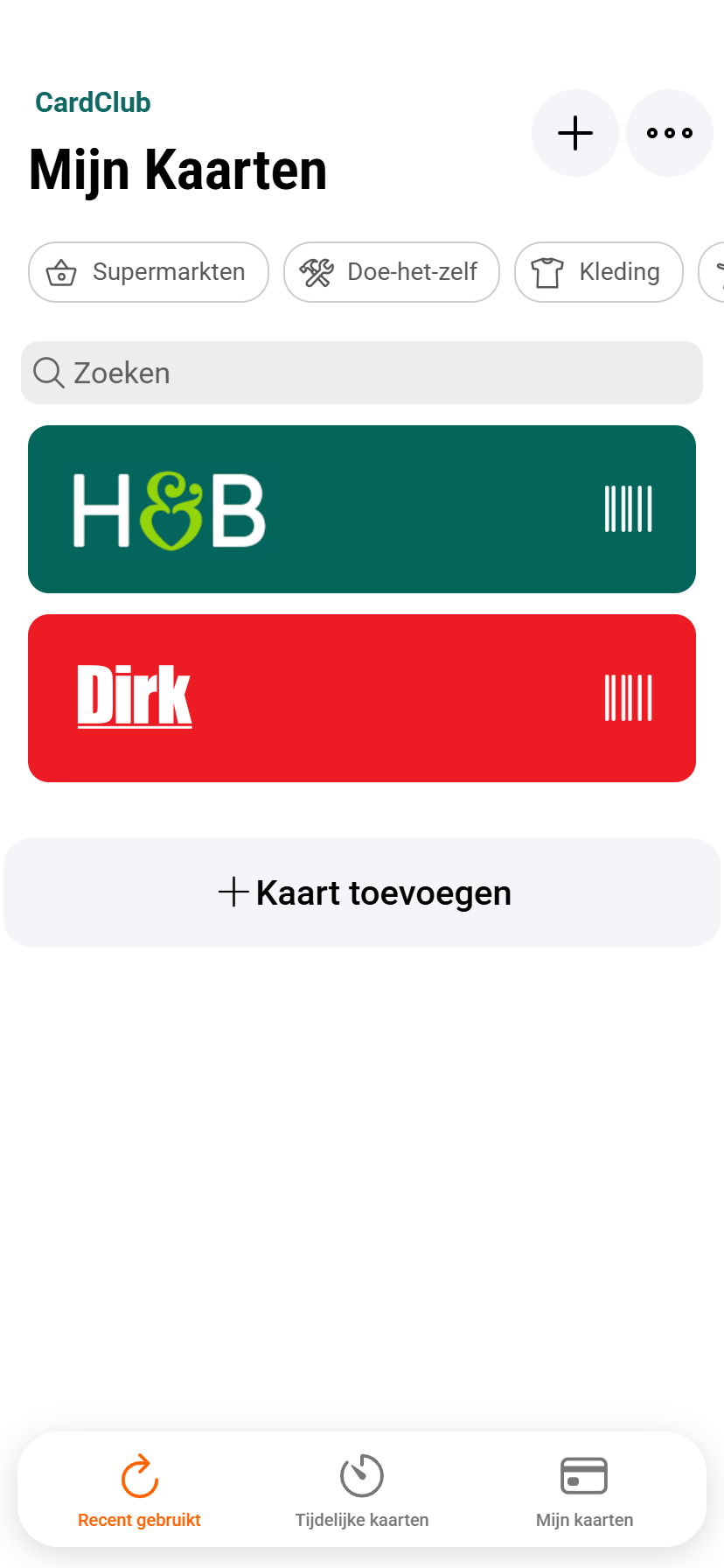 CardClub lijstweergave met klantenkaarten van Holland & Barrett en Dirk